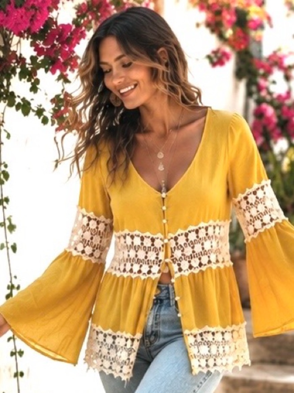 Entro Mustard Gold Crochet Lace Boho Bell Sleeve Blouse M